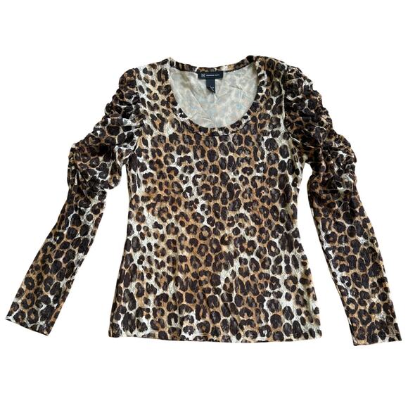 INC | Cheetah Print Long Sleeve Mesh Top | Size L | Ruched Puffed Sleeve Wild - Picture 1 of 11